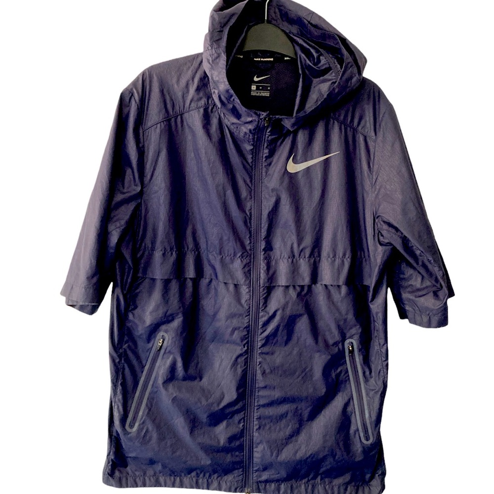 Nike Running Repel Short Sleeve Full Zip hooded Windbreaker Jacket Navy Blue Med